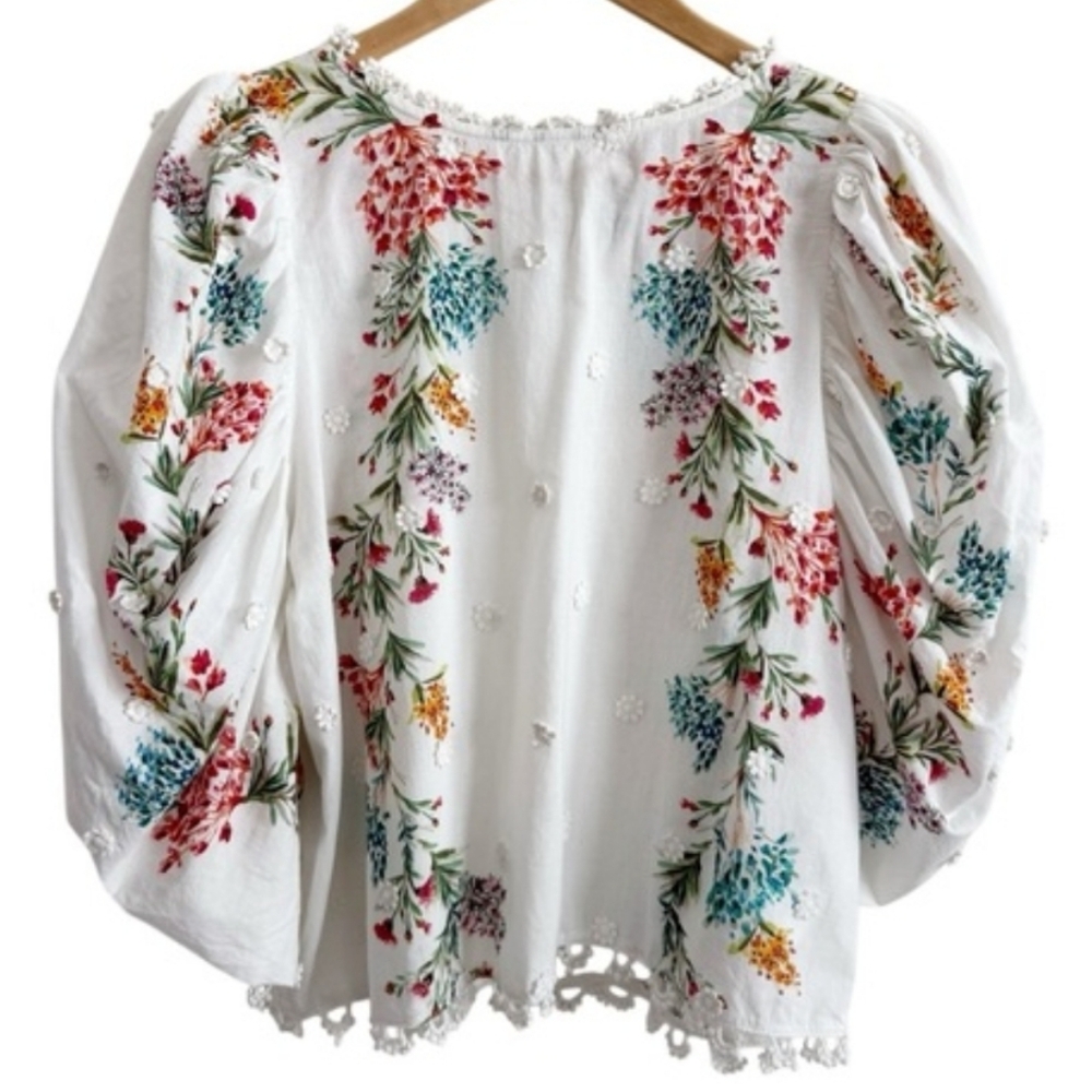 FARM RIO Louise Floral White Multi Floral Puff Sleeve Top M Like New RARE - Picture 8 of 16